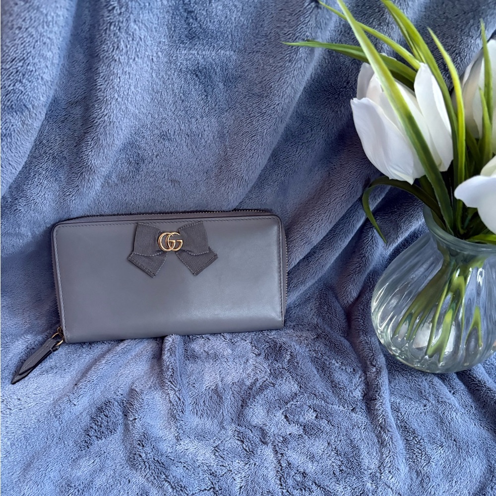 SOLD Gucci GG Marmont Ribbon Gray Leather Long Wallet